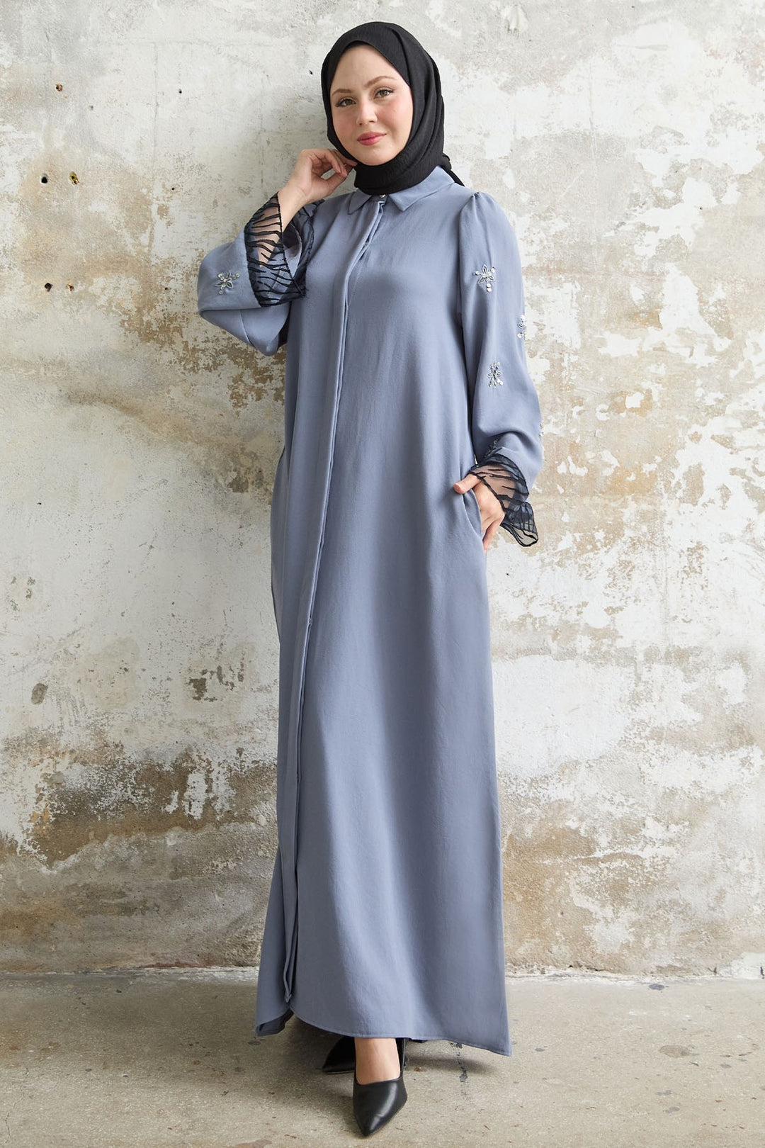 MDS Women Tulle Detail Sequined Gray Abaya - Köniz