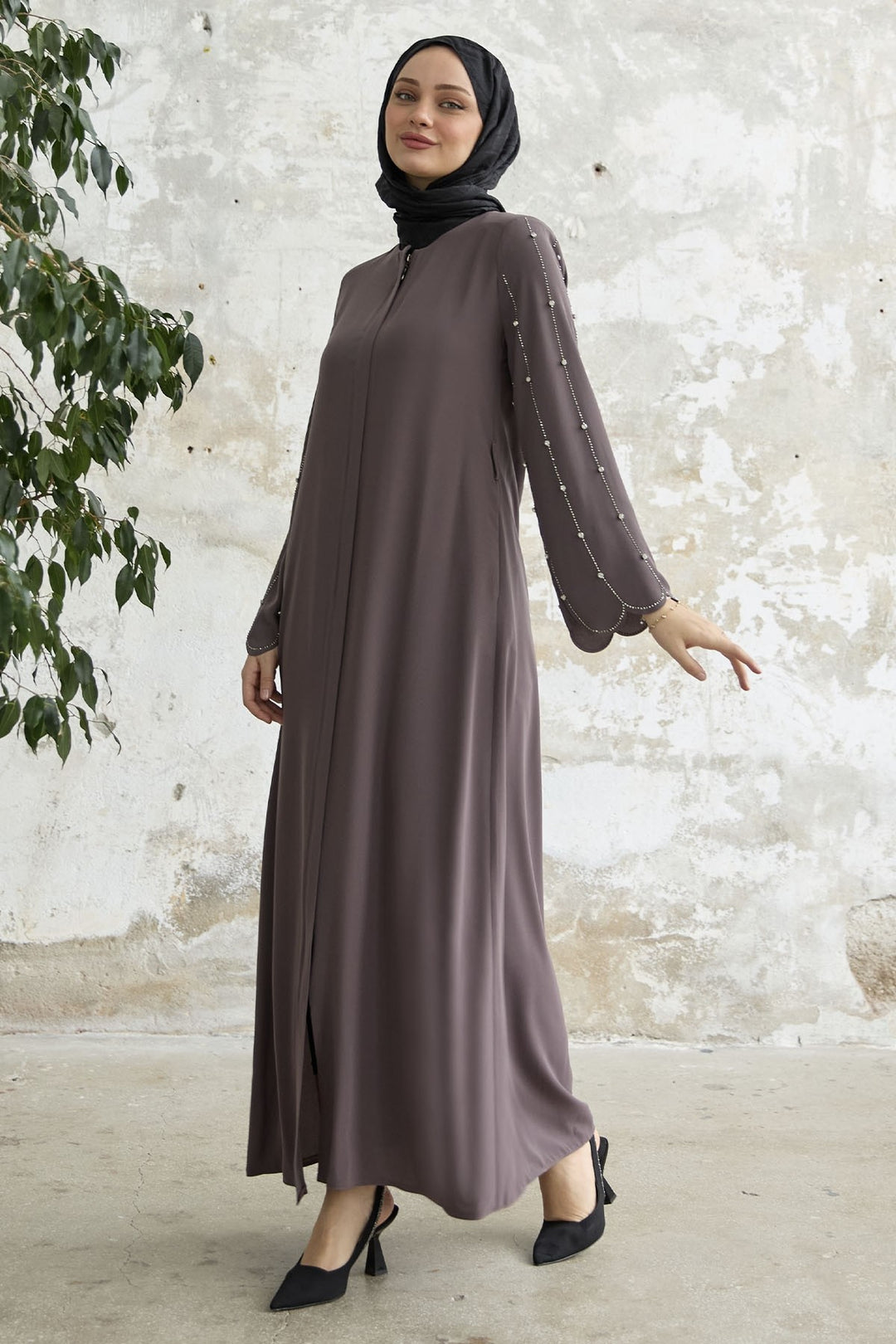 MDS Women Sleeves Stone Processing Abaya - Milky Coffee - Diamond Bar