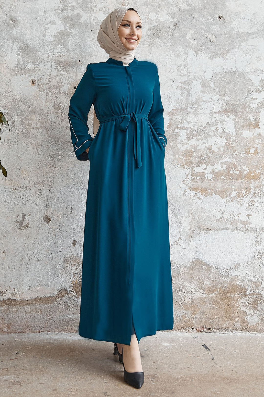 MDS Women Salvia Loose Sleeve Biye Patterned Abaya - Petrol Blue - Council Bluffs