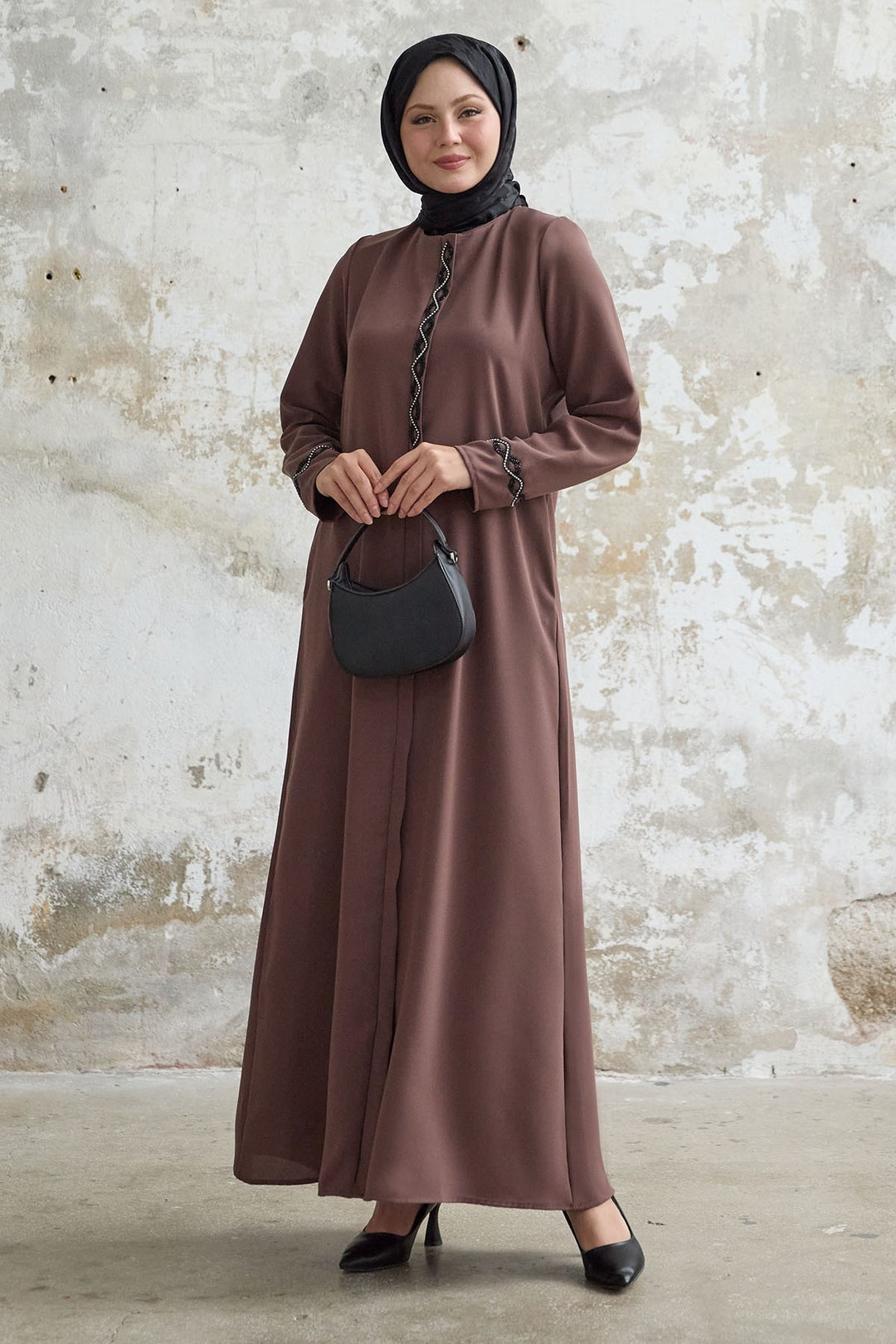 MDS Women Spiral Stone Detailed Honeycomb Brown Abaya - Andover