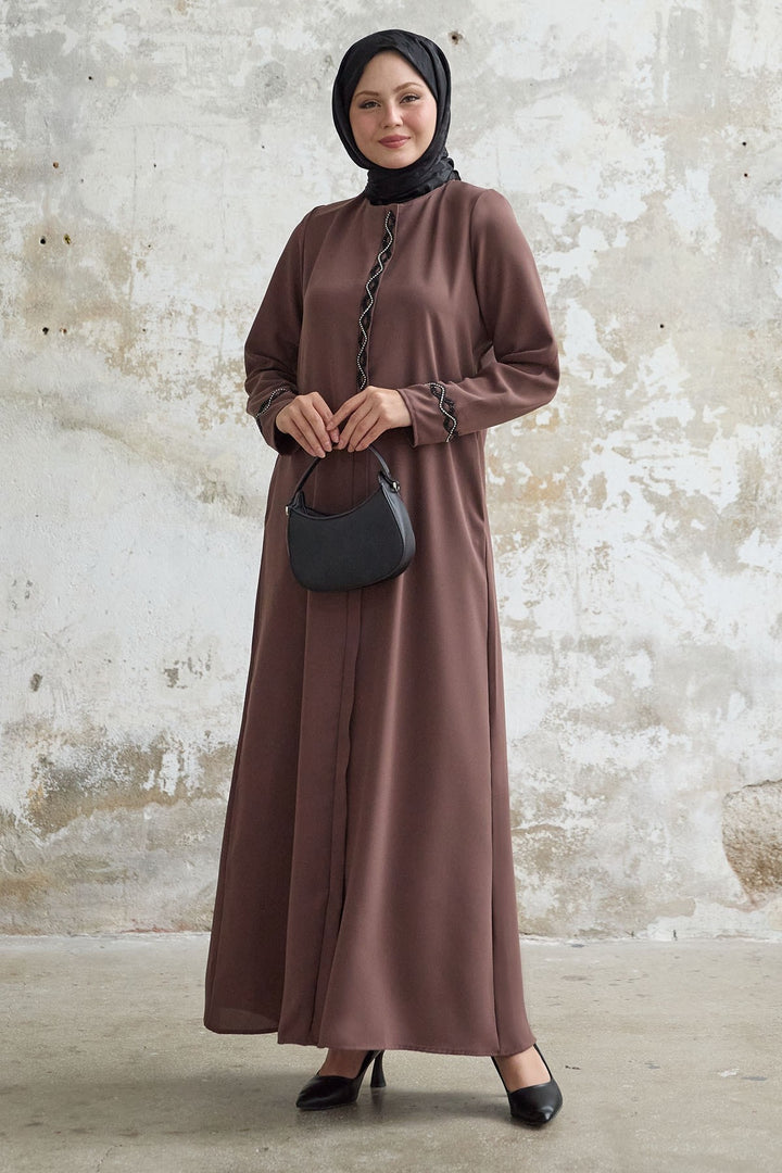 MDS Women Spiral Stone Detailed Honeycomb Brown Abaya - Andover