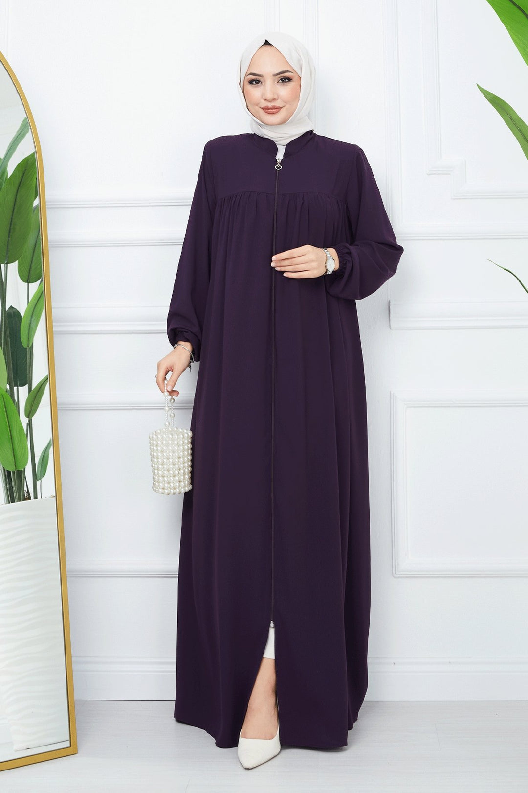 MDS Women Pleated Medina Silk Abaya - Purple - El Dorado