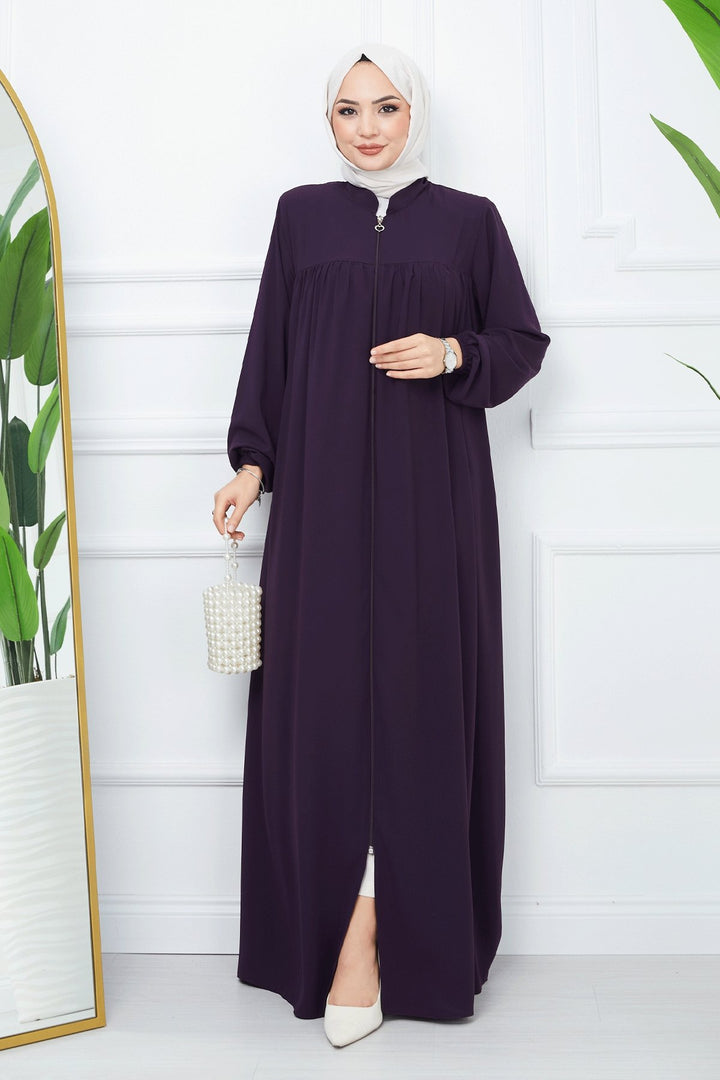 MDS Women Pleated Medina Silk Abaya - Purple - El Dorado