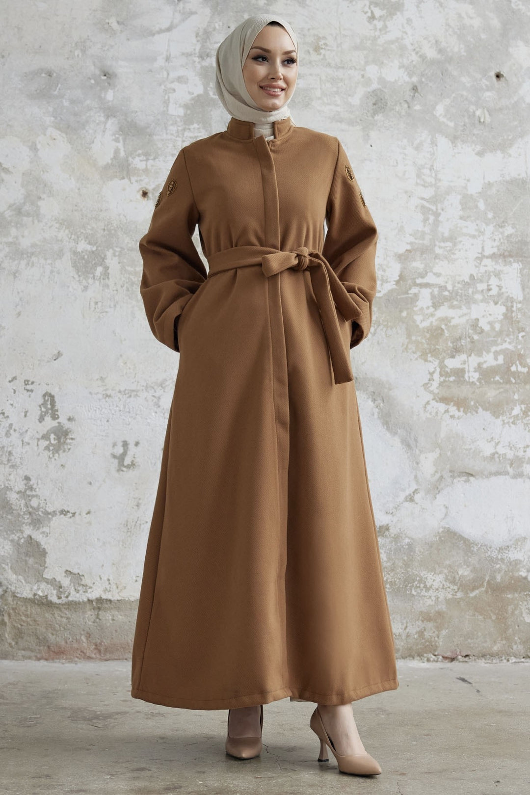 MDS Women Nomira Stone Detail Belted Abaya - Tan - Cheltenham