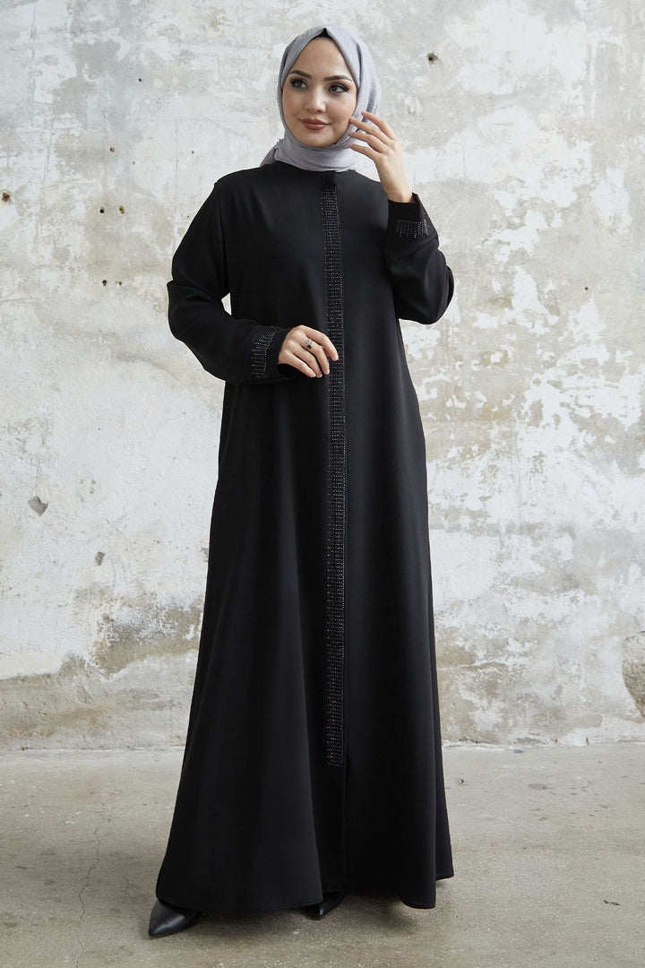 MDS Women Stone Robe Detailed Abaya - Black - Saint-Malo