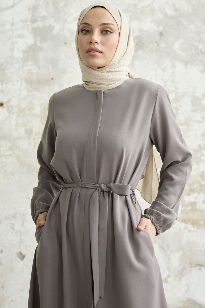 MDS Women Belted Honeycomb Fabric Abaya - Lilac - Bloomington