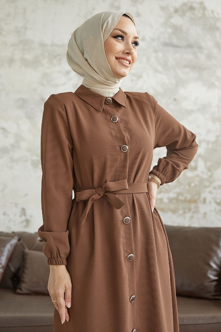MDS Women Linny Buttoned Shirt Collar Abaya - Brown - Sfântu-Gheorghe