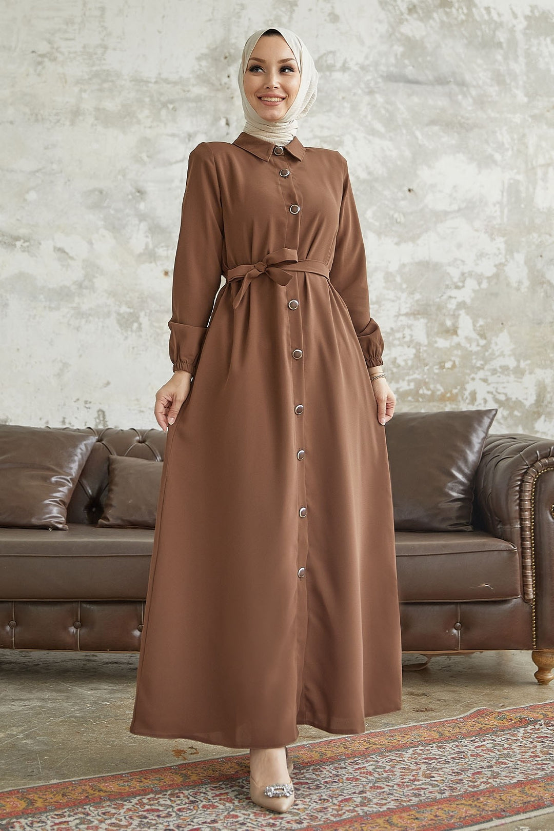 MDS Women Linny Buttoned Shirt Collar Abaya - Brown - Sfântu-Gheorghe