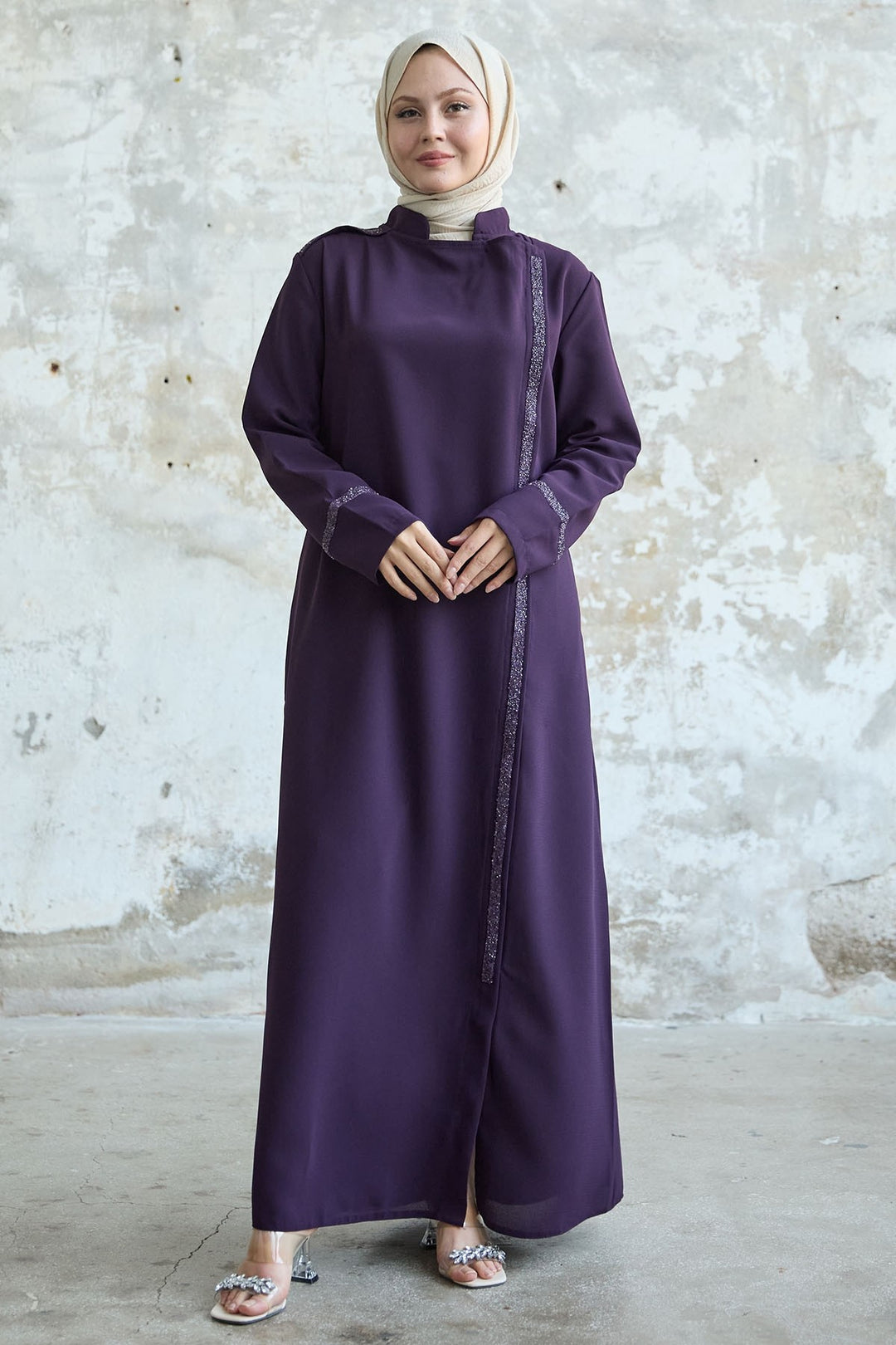 MDS Women Purple Abaya with Stone-embellished Collar and Front Scarf - New York