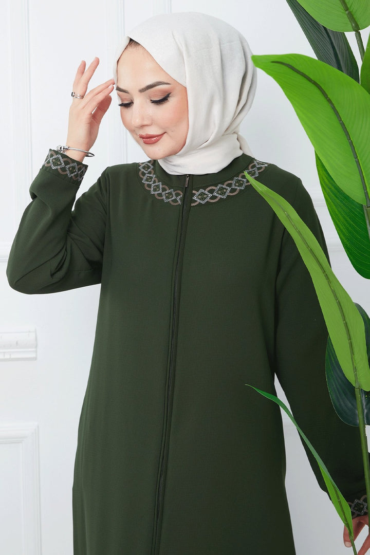 MDS Women Embroidered Pattern Honeycomb Fabric Abaya - Khaki - University City