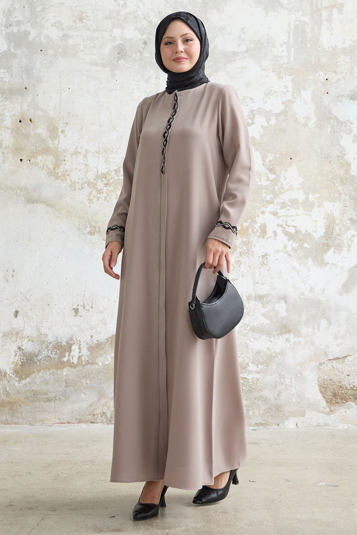 MDS Women Spiral Stone Detailed Honeycomb Beige Abaya - Puerto Real