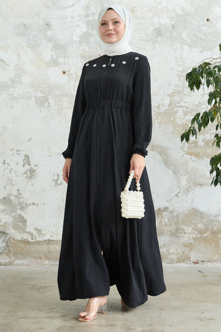 MDS Women Flower Pearl Embroidered Elastic Black Abaya - Wenatchee