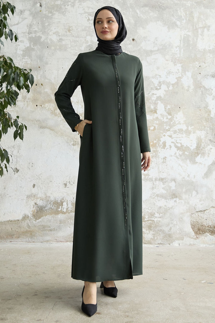 MDS Women Sequined Stone Embroidered Abaya - Khaki - Compiègne