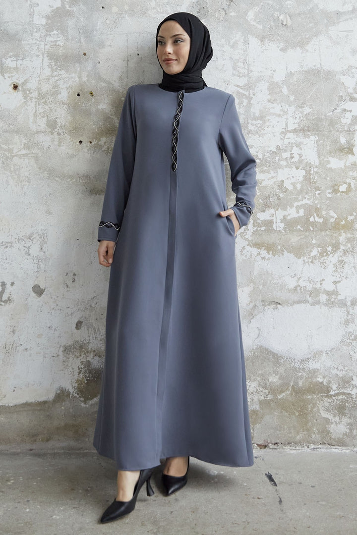 MDS Women Spiral Stone Detailed Honeycomb Abaya - Gray - Kendall