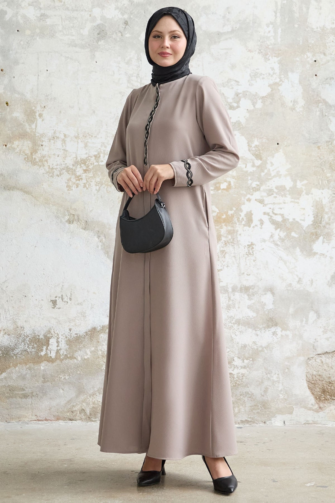 MDS Women Spiral Stone Detailed Honeycomb Beige Abaya - Puerto Real