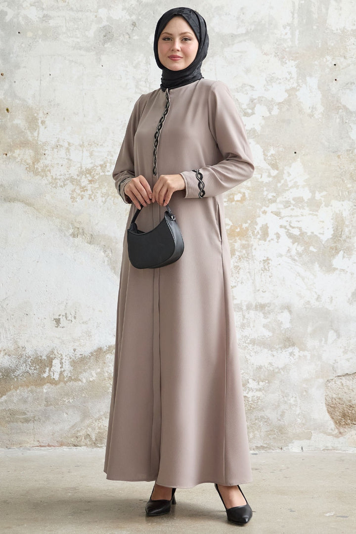 MDS Women Spiral Stone Detailed Honeycomb Beige Abaya - Puerto Real