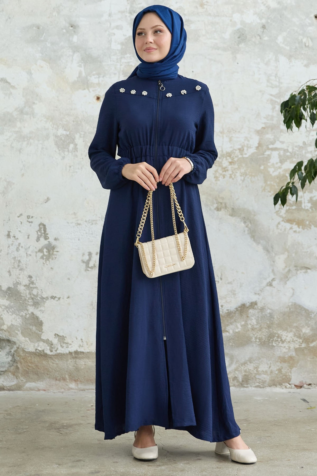 MDS Women Flower Pearl Embroidered Elastic Navy Abaya - San Pedro Mixtepec