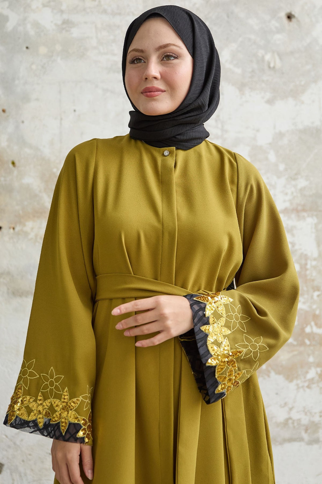 MDS Women Flower Stamp Detail Oil Green Abaya - Lompoc