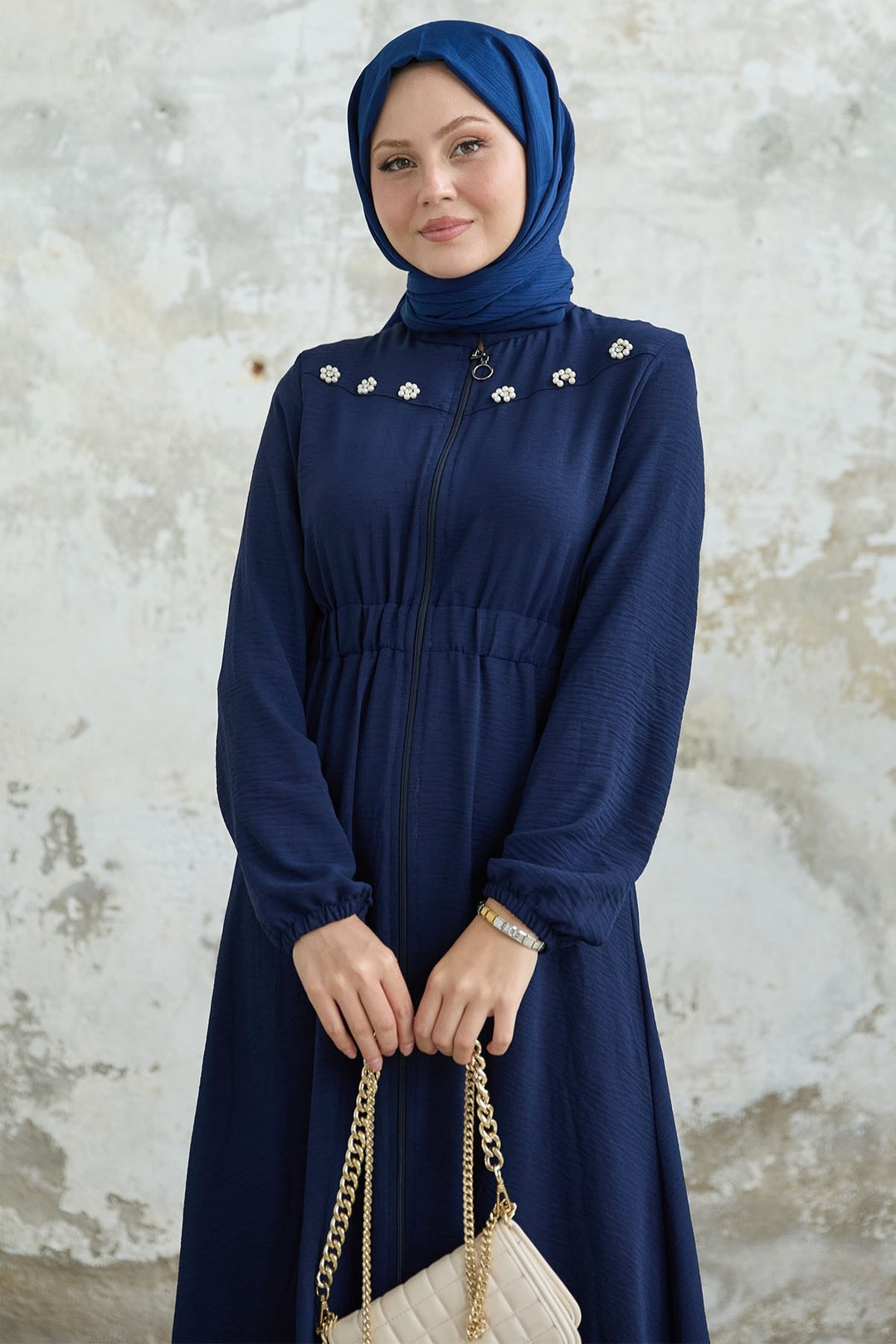 MDS Women Flower Pearl Embroidered Elastic Navy Abaya - San Pedro Mixtepec