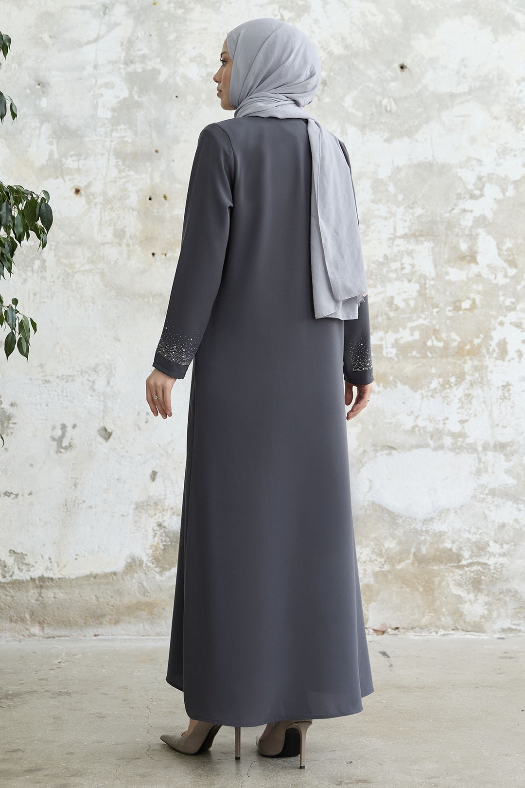 MDS Women Stone-embellished Abaya with Right Side - Anthracite - Tlalmanalco