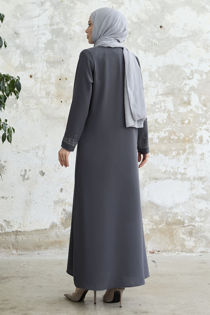 MDS Women Stone-embellished Abaya with Right Side - Anthracite - Tlalmanalco