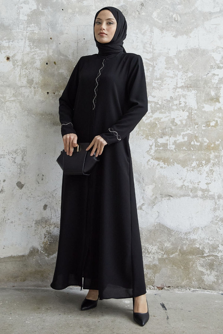 MDS Women Spiral Stone Detailed Honeycomb Abaya - Black - Grand Junction