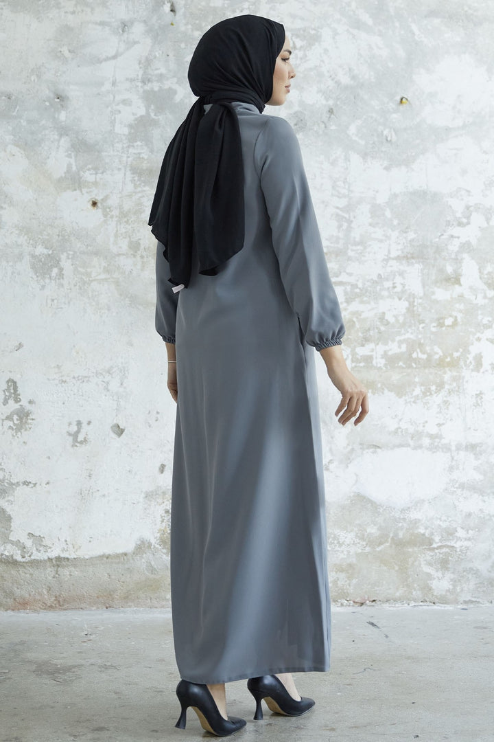 MDS Women Laced Hidden Button Abaya - Light Grey - Motril