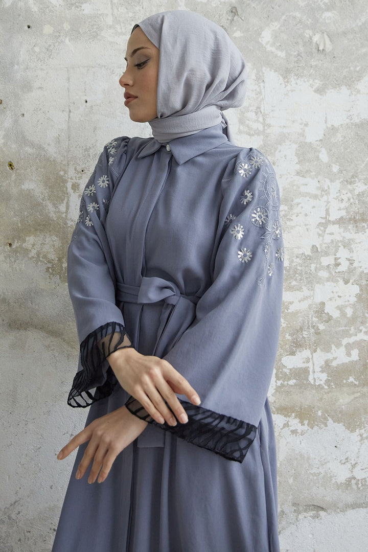 MDS Women Cashmere Embroidered Sleeve Abaya - Gray - Nijkerk