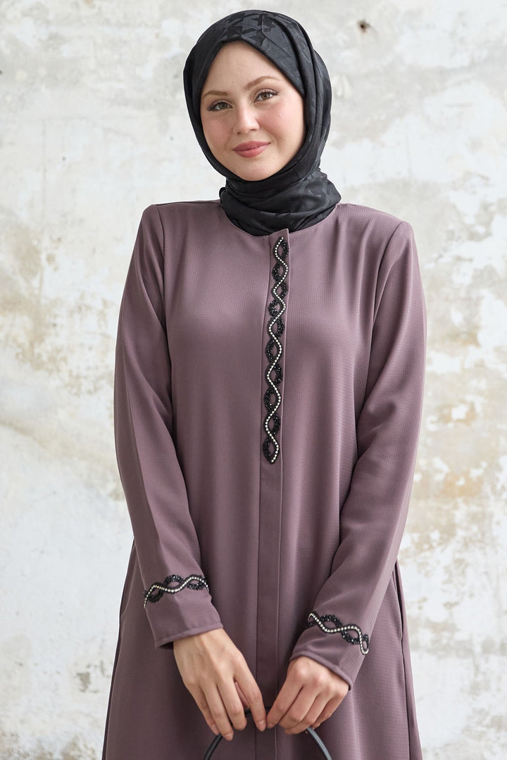 MDS Women Spiral Stone Detailed Honeycomb Rose Dry Abaya - Altadena
