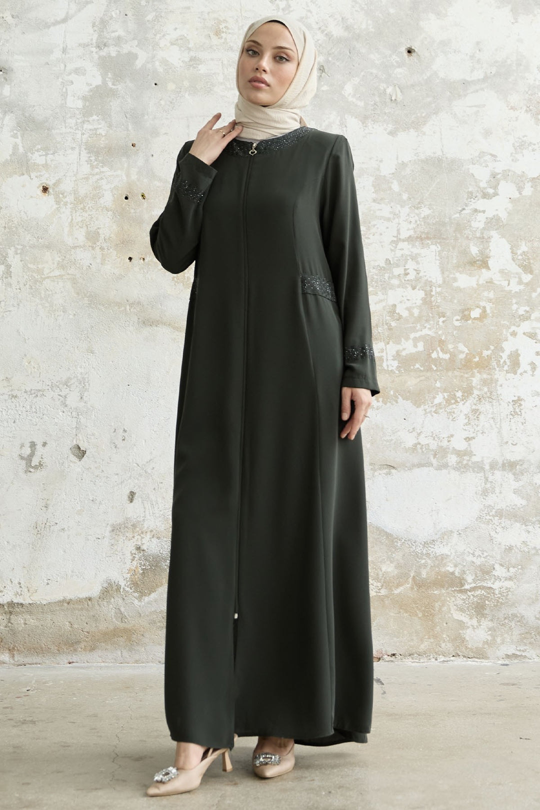 MDS Women Stone-embellished Abaya with Collar and Sleeves - khaki - Bitonto