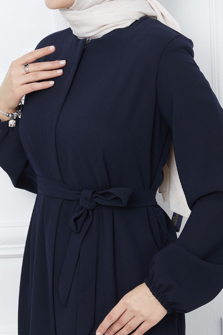 MDS Women Belted Honeycomb Fabric Abaya - Navy - Martinez