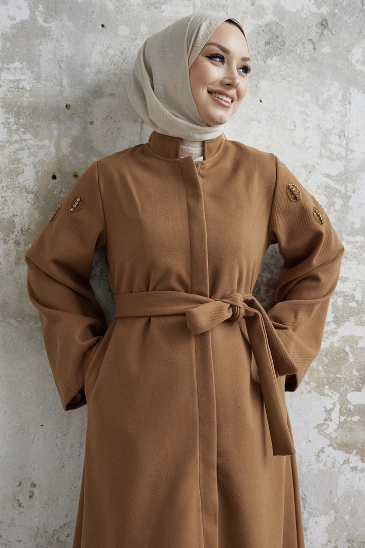 MDS Women Nomira Stone Detail Belted Abaya - Tan - Cheltenham
