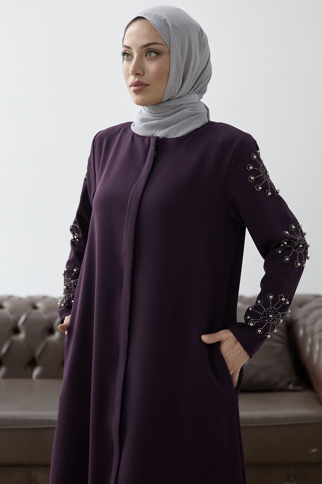 MDS Women Sleeves Pearl Stone Detail Abaya - Purple - Elgin