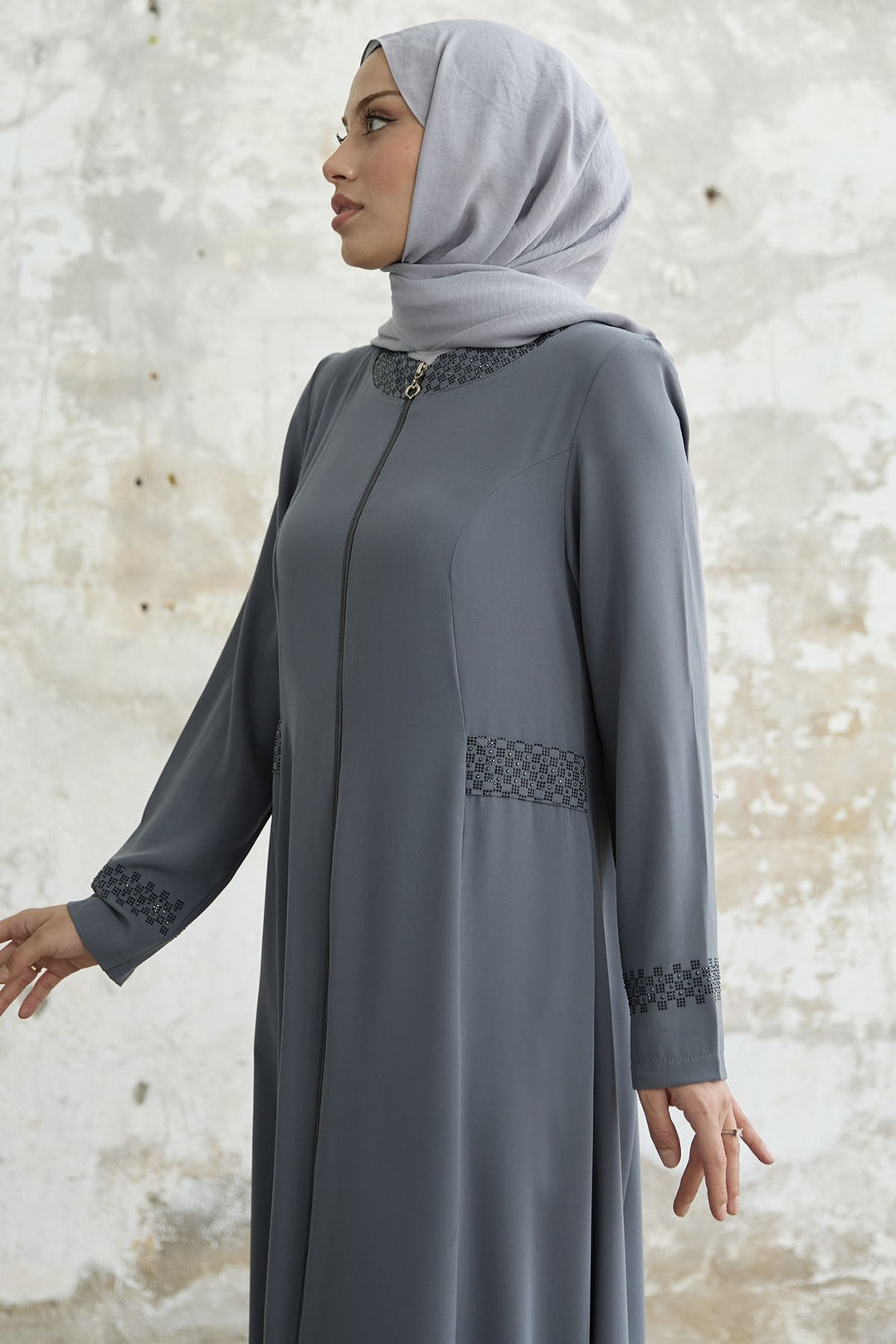 MDS Women Stone-embellished Abaya with Collar and Sleeves - Grey - Fresno