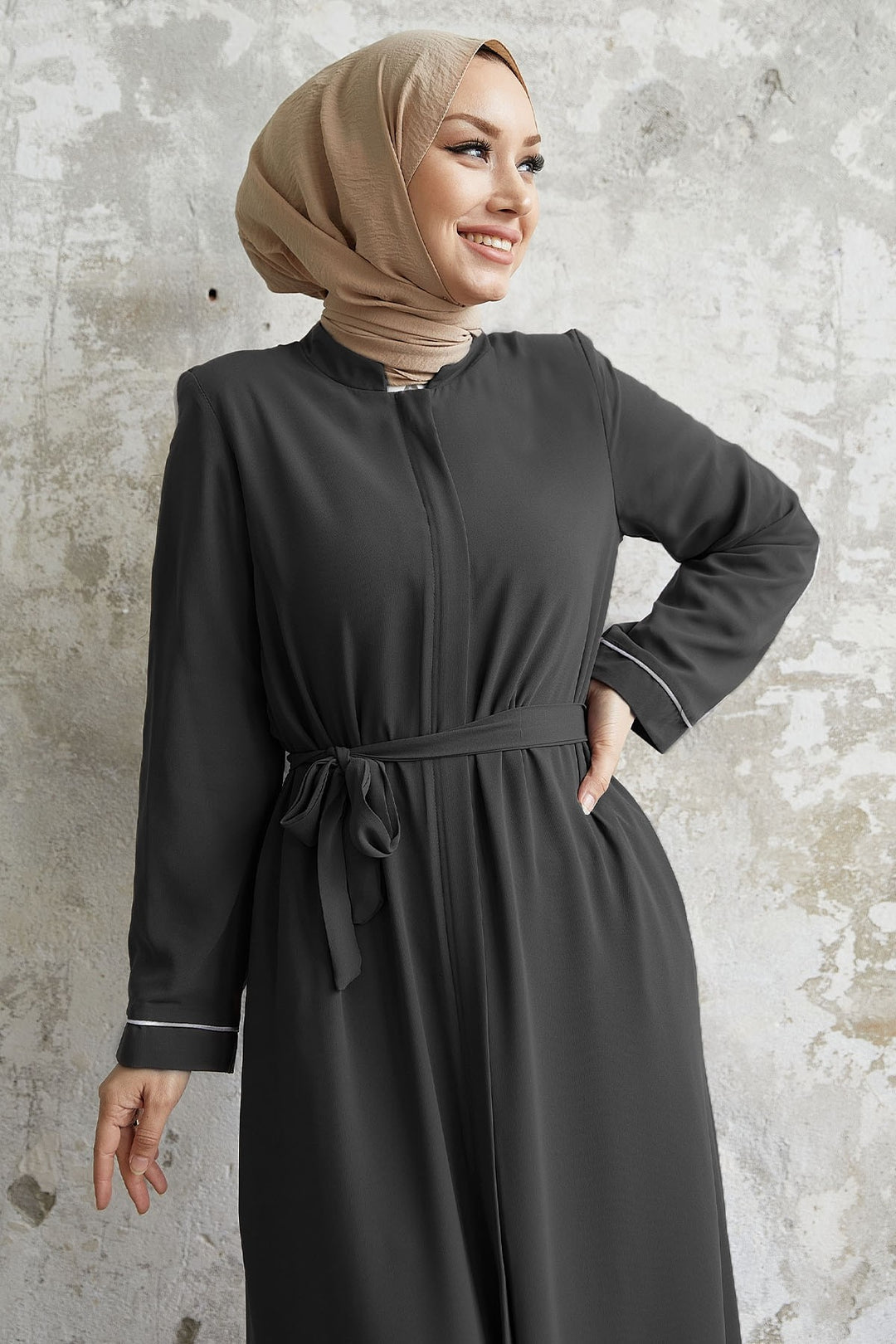 MDS Women Salvia Loose Sleeve Biye Patterned Abaya - Anthracite - Nettetal