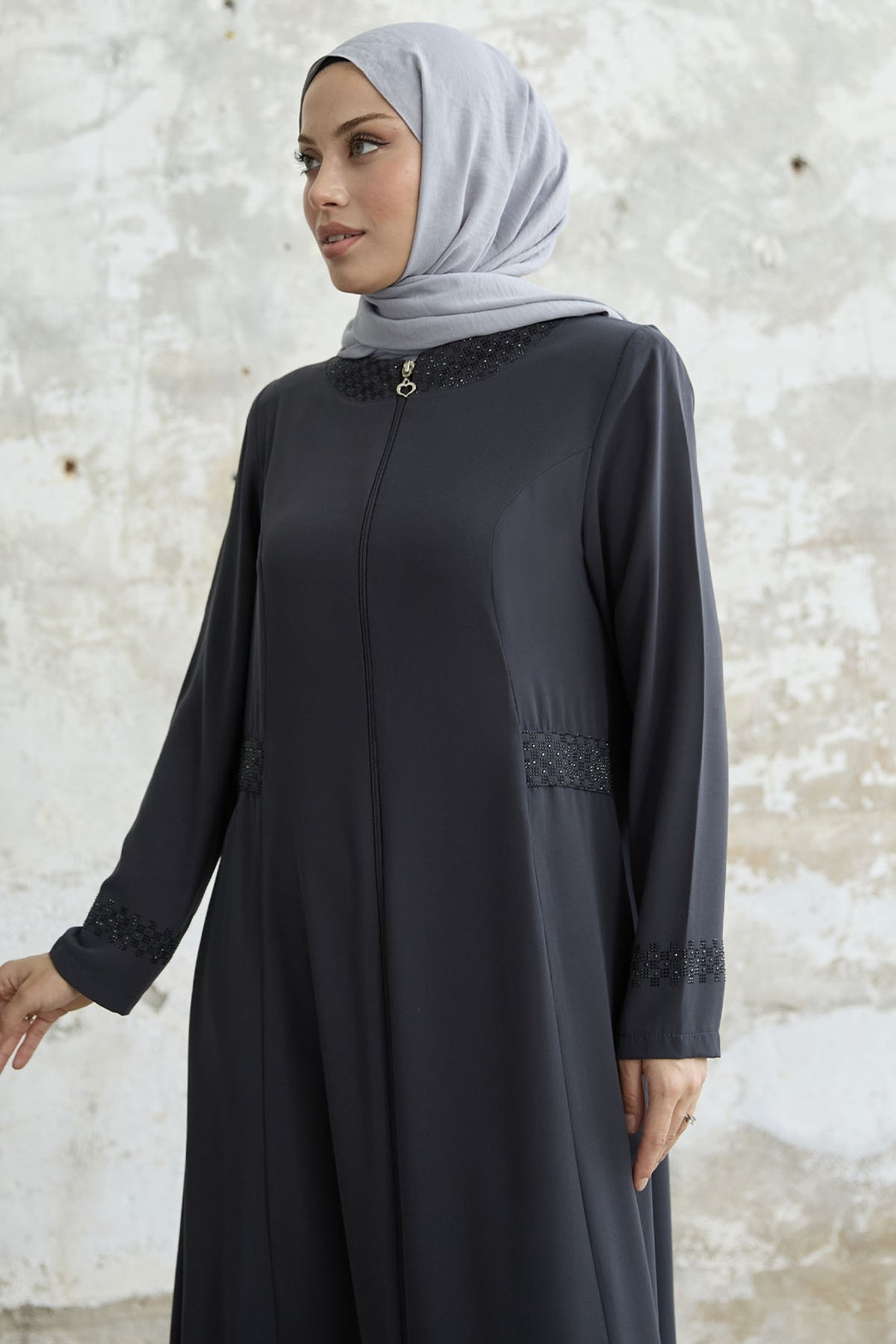 MDS Women Stone-embellished Abaya with Collar and Sleeves - Anthracite - Cedar City