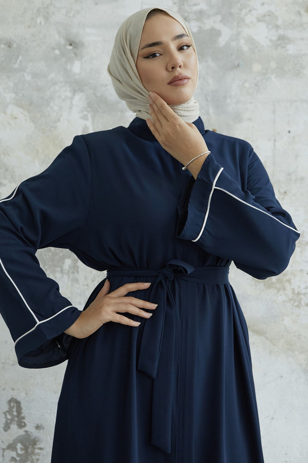 MDS Women Salvia Loose Sleeve Biye Patterned Abaya - Navy - Wesseling