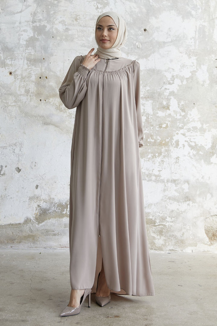 MDS Women Sleeve Tip Ruffled Abaya - Beige - Colima