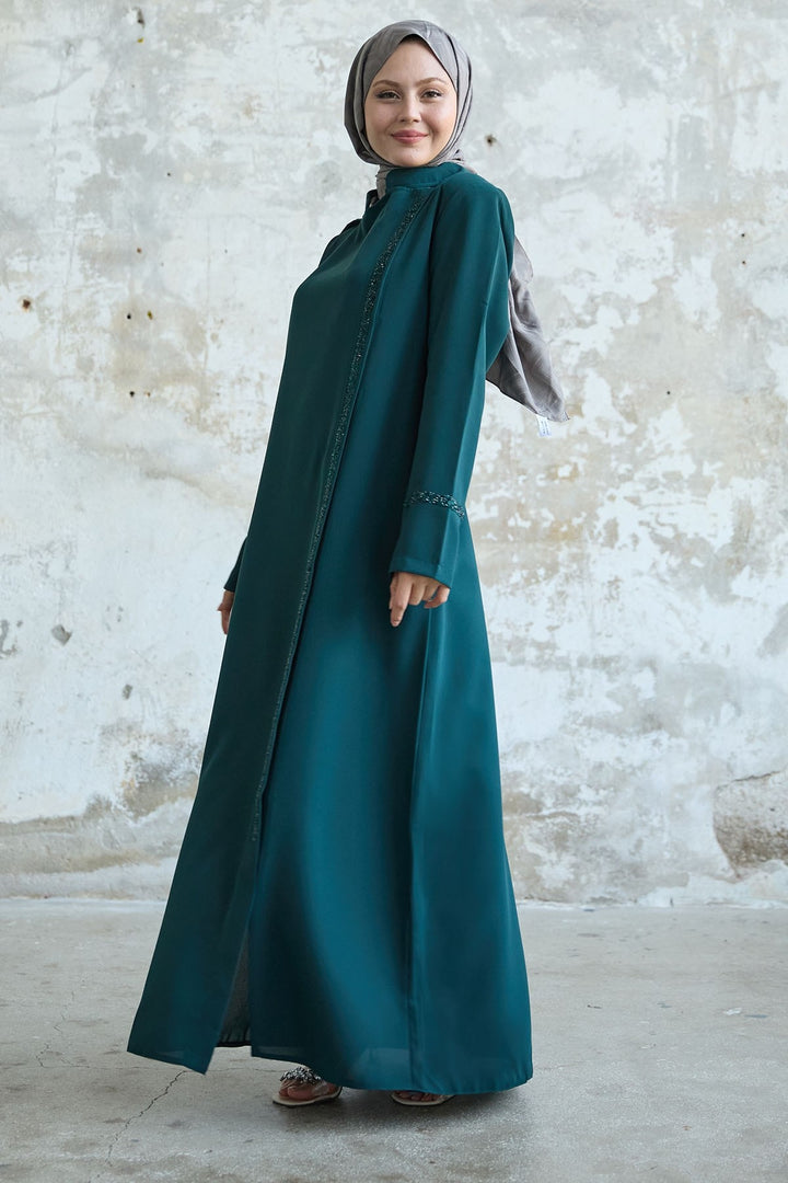 MDS Women Stone-embellished Petrol Abaya with Collar and Front Scarf - Plainfield