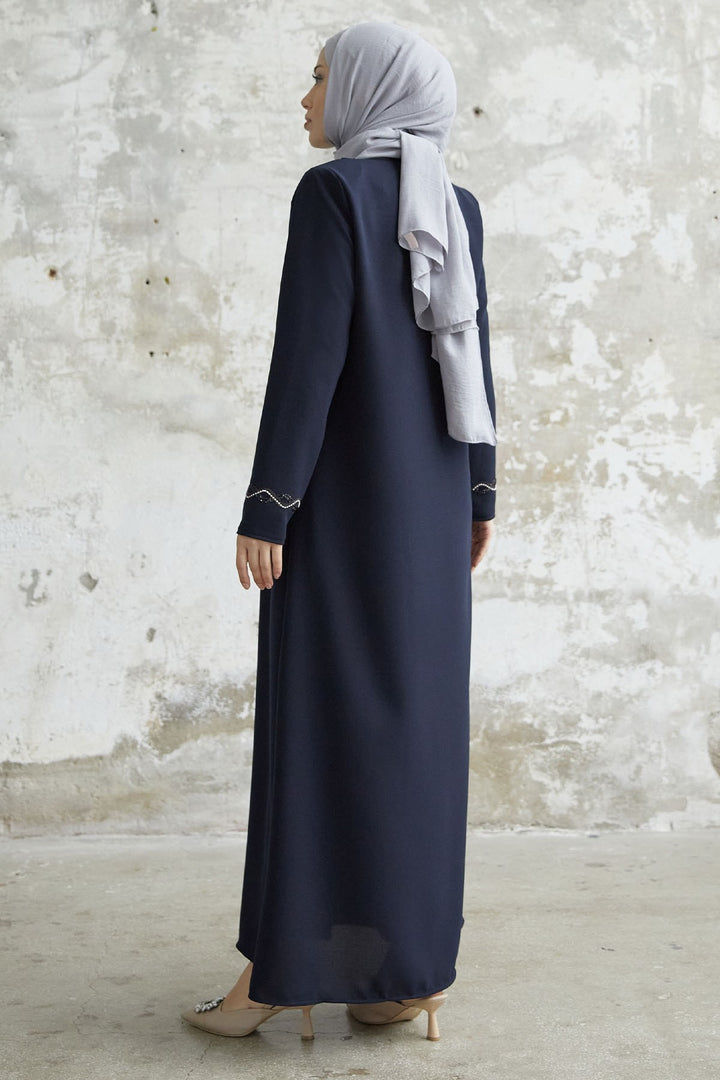 MDS Women Spiral Stone Detailed Honeycomb Abaya - Navy Blue - Springfield