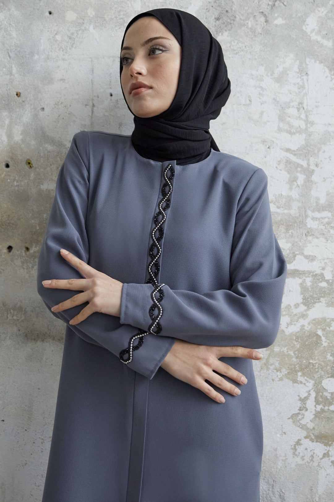 MDS Women Spiral Stone Detailed Honeycomb Abaya - Gray - Kendall