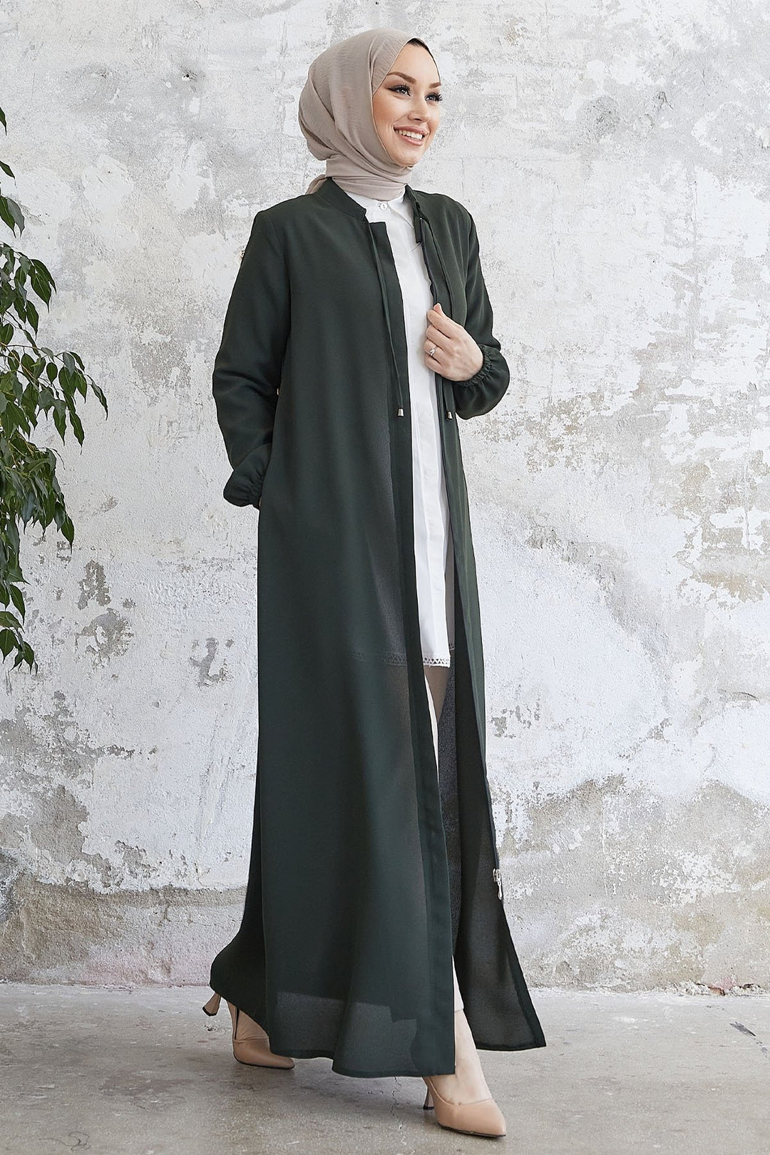 MDS Women Laced Hidden Button Abaya - Khaki - Wilson