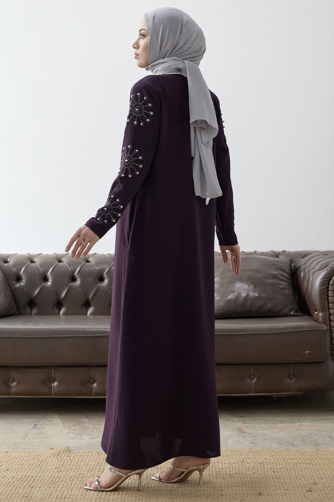 MDS Women Sleeves Pearl Stone Detail Abaya - Purple - Elgin