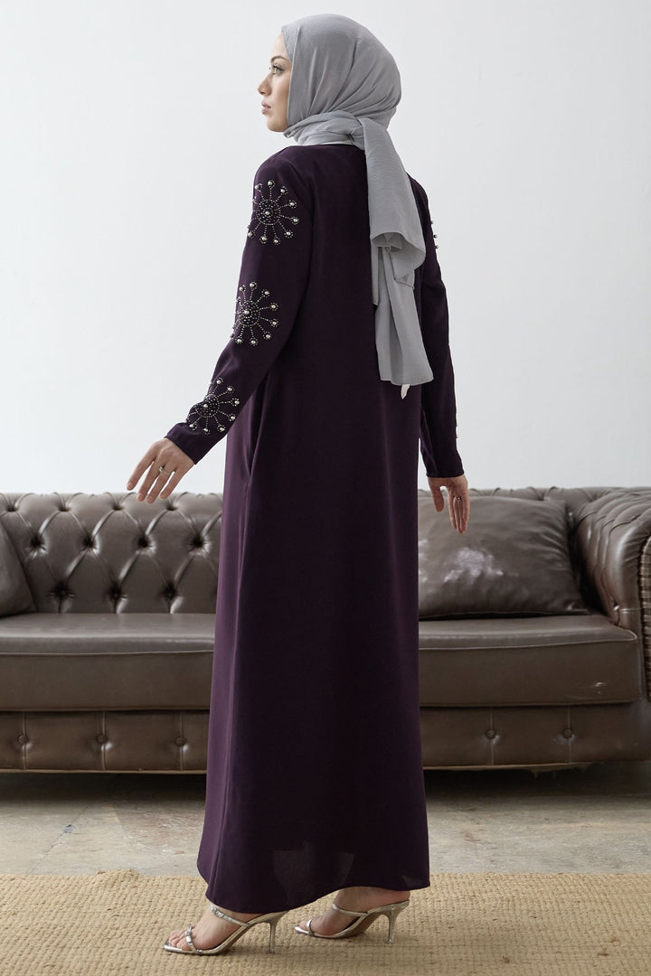 MDS Women Sleeves Pearl Stone Detail Abaya - Purple - Elgin