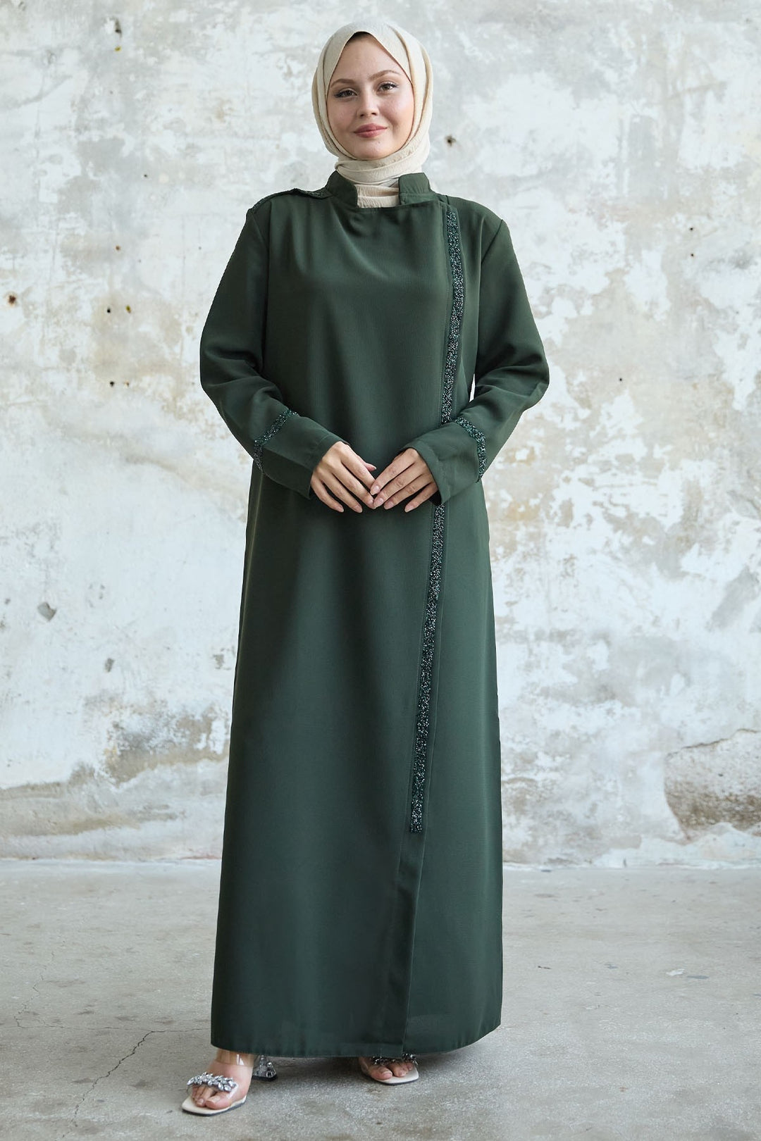 MDS Women Stone-embellished Khaki Abaya with Collar and Front Scarf - Inver Grove Heights