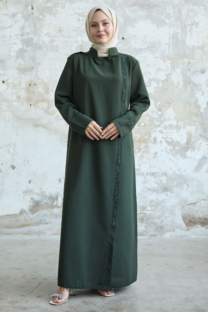 MDS Women Stone-embellished Khaki Abaya with Collar and Front Scarf - Inver Grove Heights