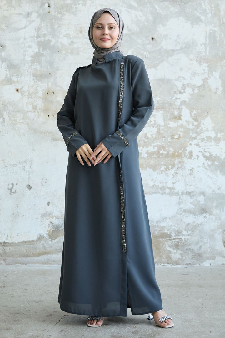 MDS Women Stone-embellished Anthracite Abaya with Collar and Front Scarf - Ciudad Constitución