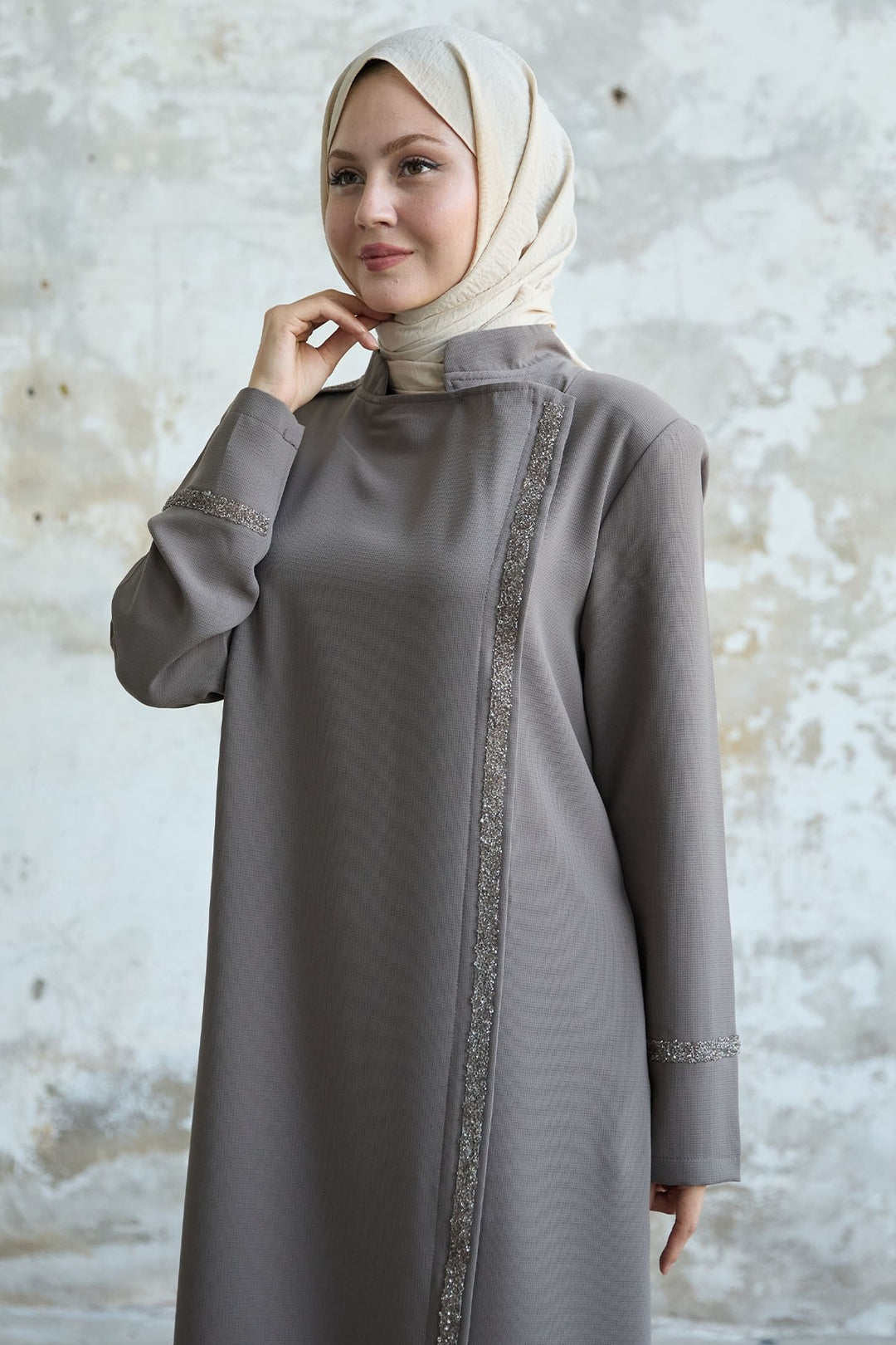 MDS Women Beige Abaya with Stone-embellished Collar and Front Scarf - Altrincham