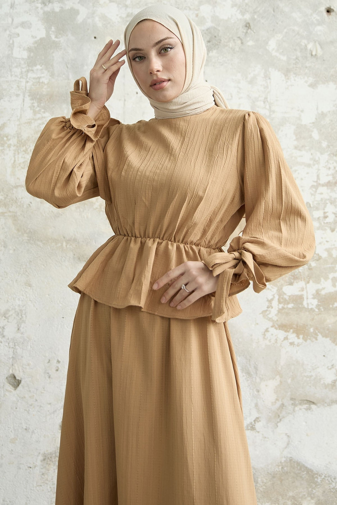 MDS Women Ruffle Detail Blouse Skirt Set - Camel - Waterbury