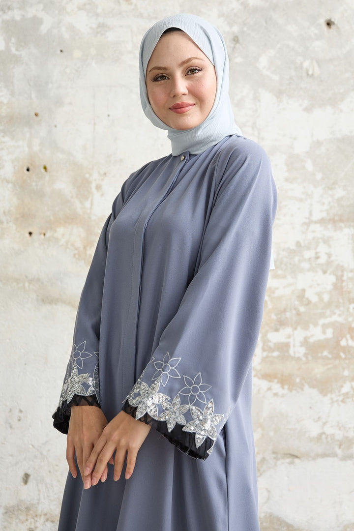 MDS Women Flower Stamp Detail Gray Abaya - Ensenada